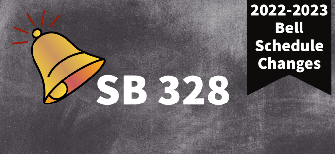 A bell with text SB 328 - 2022-2023 Bell Schedule Changes