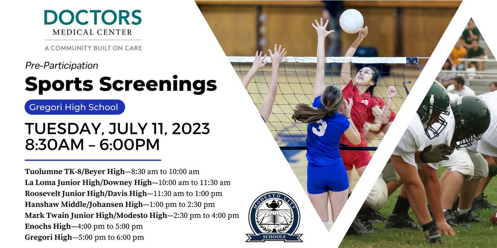 Pre-Participation Sports Screenings Tuesday, July 11, 2023, 8:30am - 6pm at Gregori High School