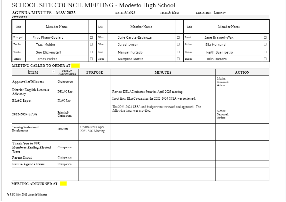 School Site Council Meeting May 2023