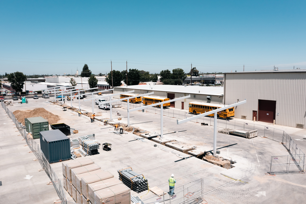 Aerial picture of electric bus infrastructure at the Modesto City Schools transportation yard